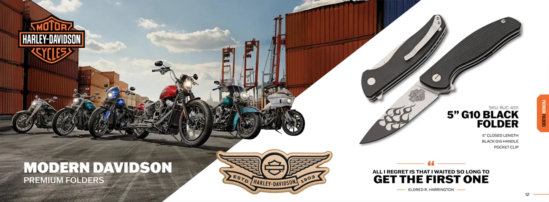 Motorcycle convoy near shipping containers with a folding knife and text advertising “Modern Davidson” and “The First One.”