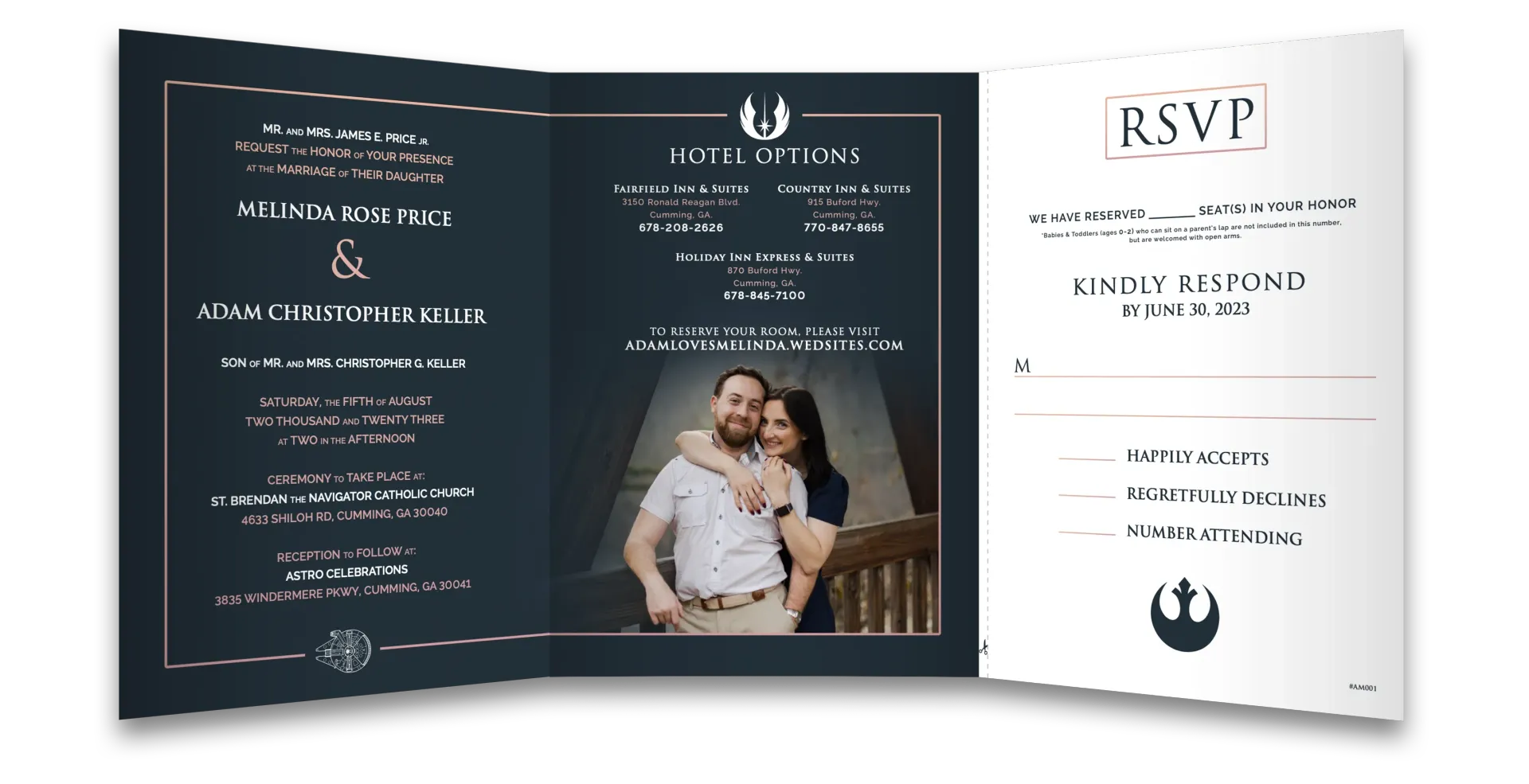 Navy wedding invitation suite with RSVP card and a couple’s photo on the main card, accented in white and gold