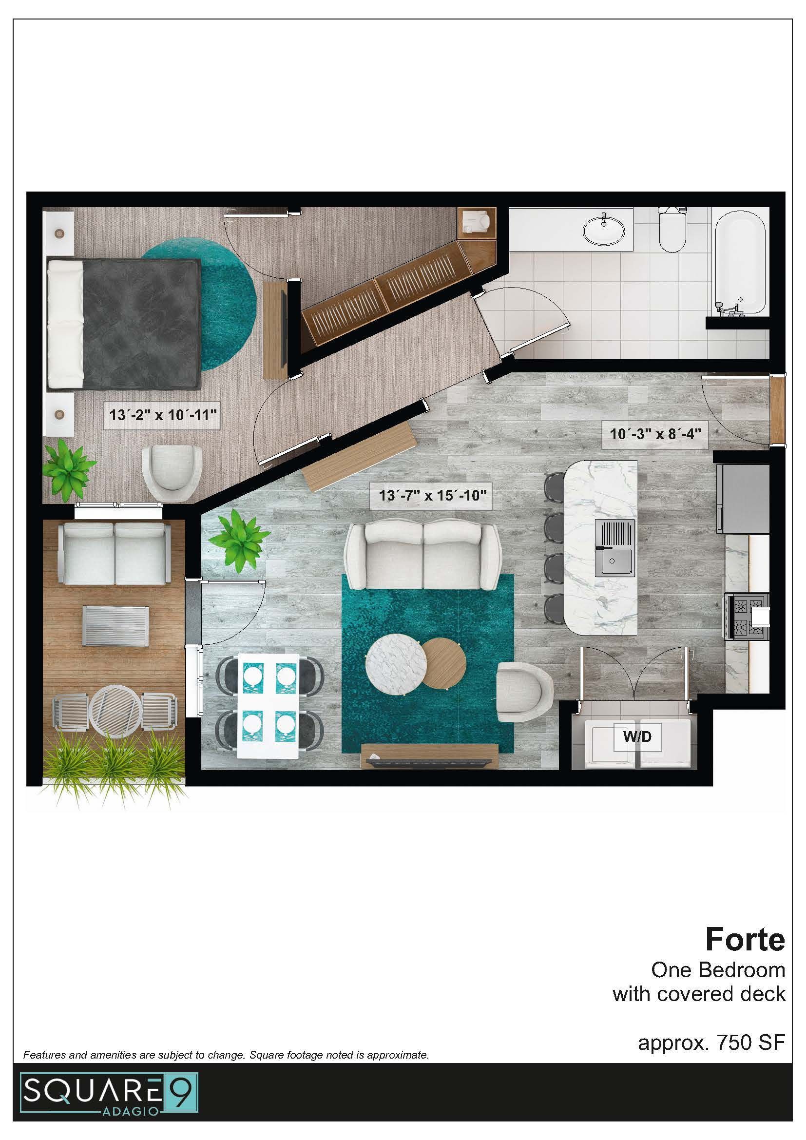 Forte Floor plan: one-bedroom apartment, approx 750 square feet, with covered deck,  with a living area, kitchen, balcony, and bedroom.