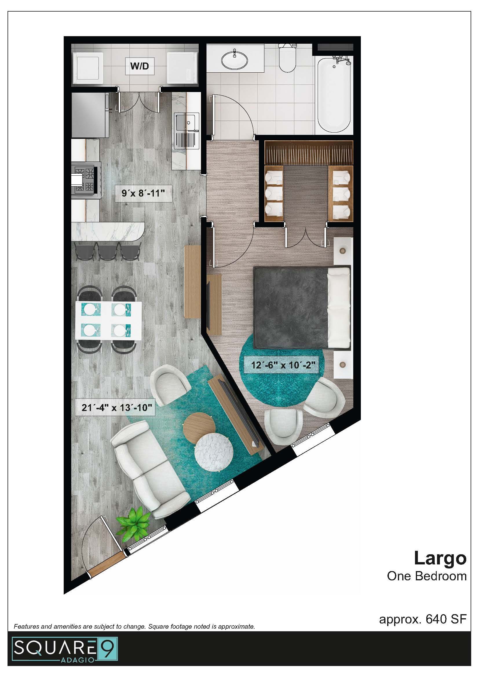 Floor plan of an apartment with a kitchen, living room, and bedroom.