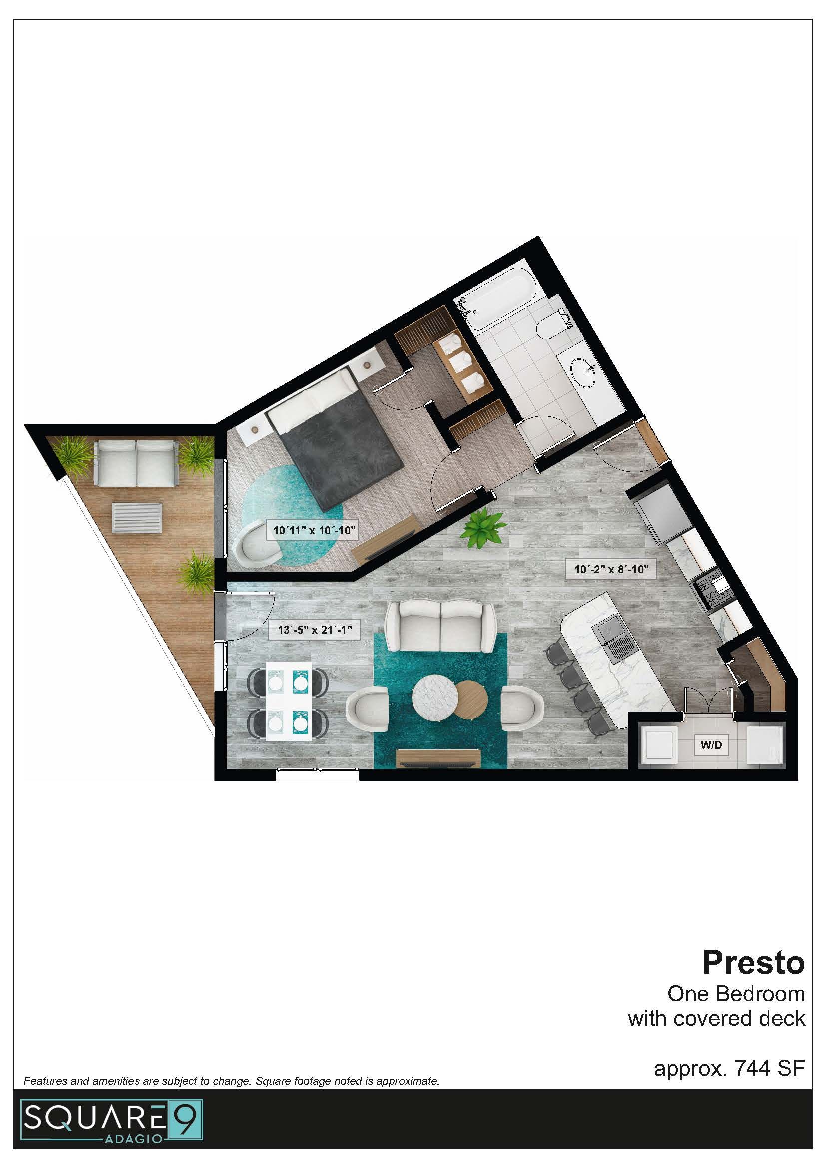 Floor plan of a studio apartment, featuring a bedroom, living area, kitchen, bathroom, and balcony.