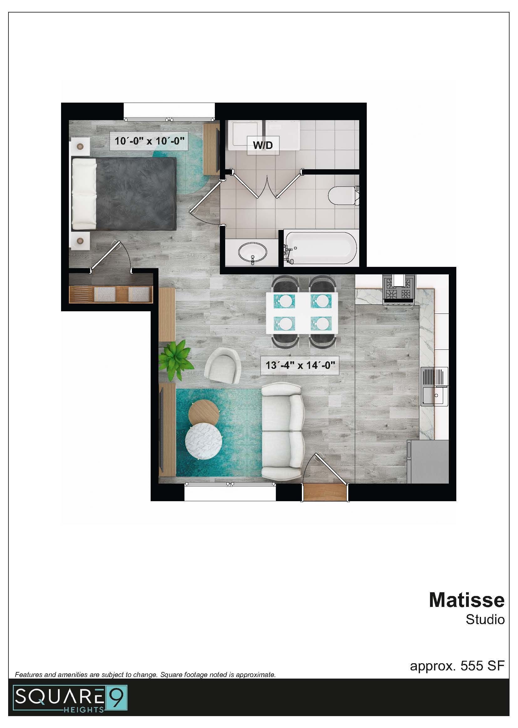 Floor plan of a studio apartment, featuring bedroom, bathroom, kitchen, and living area.