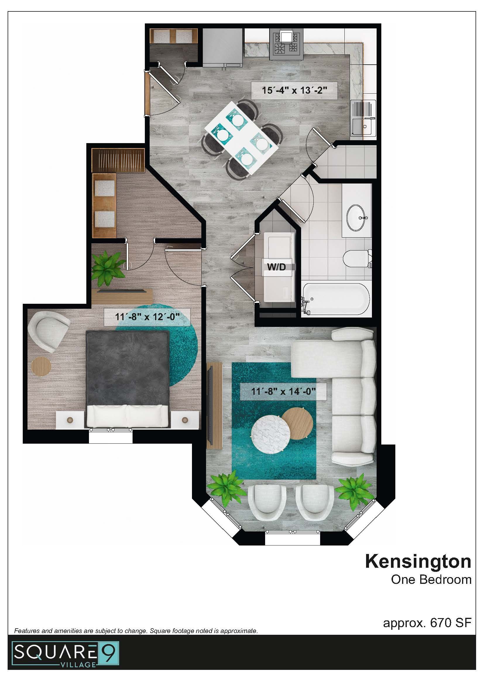 Floor plan of Kensington 1-bedroom apartment layout. Shows living, dining, kitchen, bedroom, and bathroom spaces.