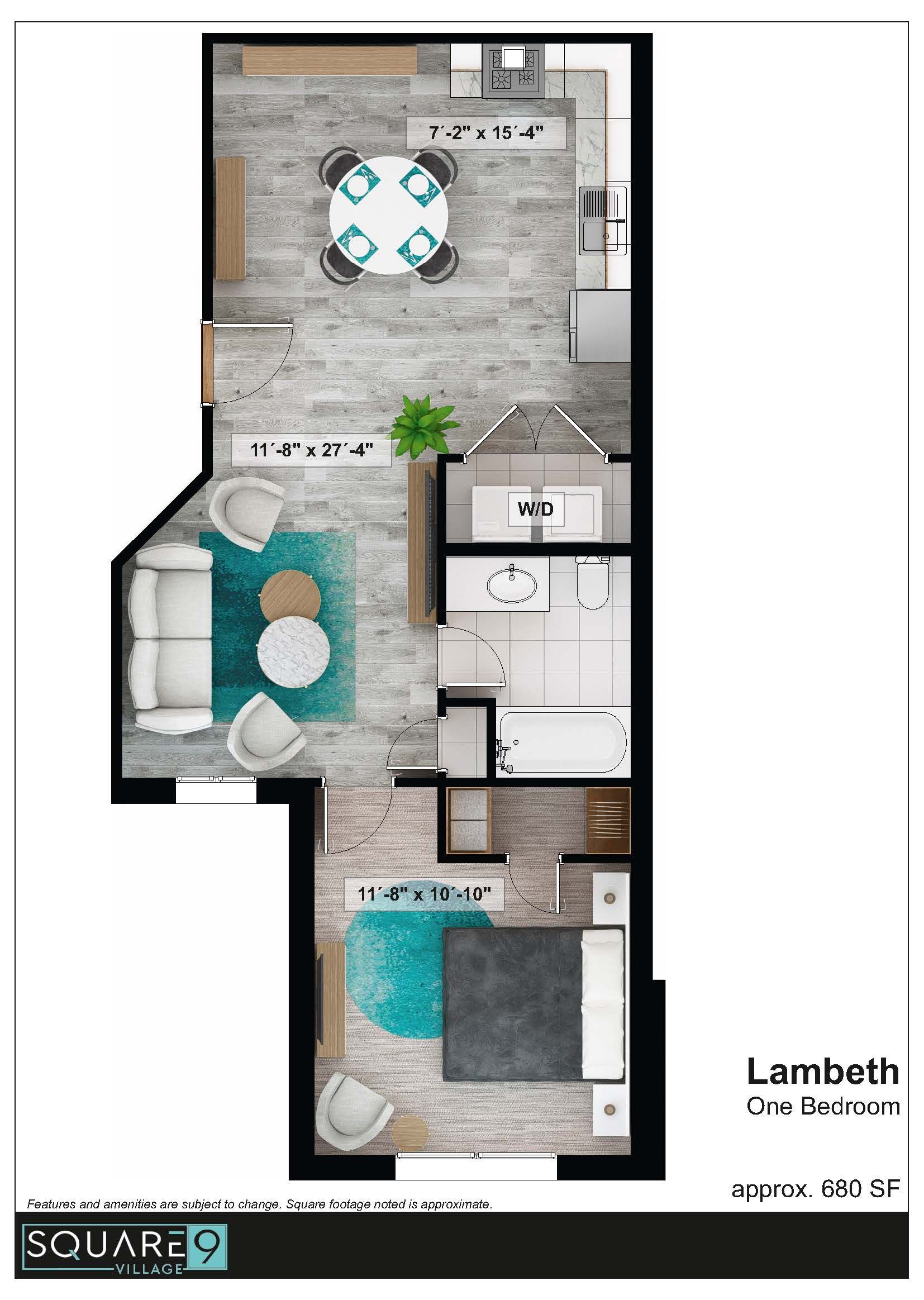 Floor plan of a one-bedroom apartment labeled 