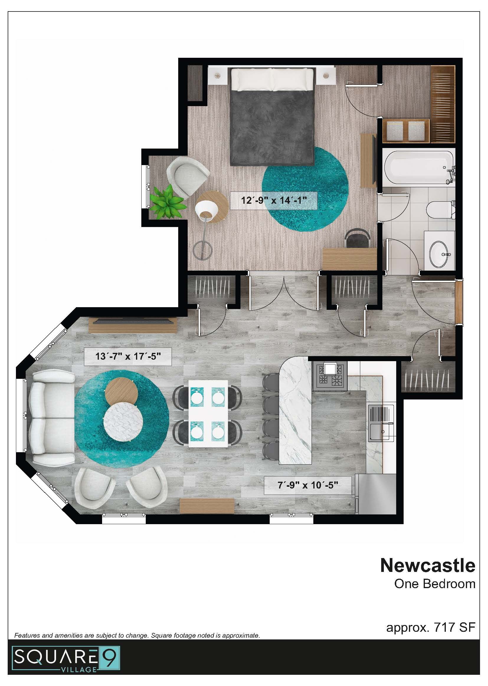 Floor plan of a one-bedroom apartment labeled 