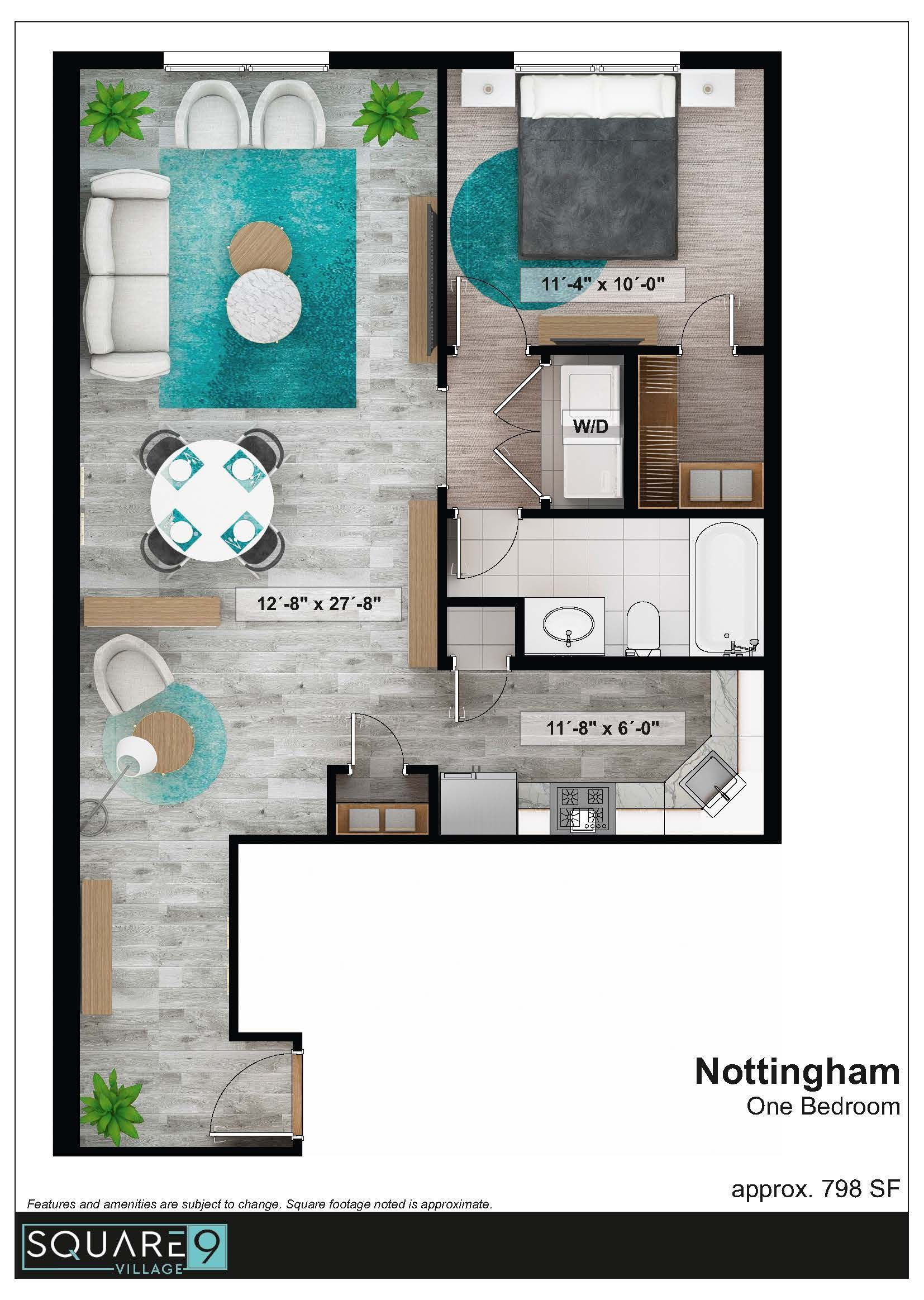 Floor plan of a one-bedroom apartment with a living area, dining space, kitchen, and bedroom.