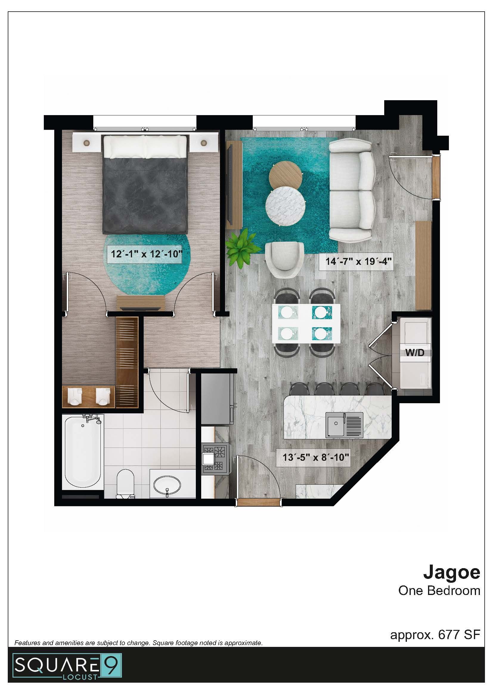Floor plan: modern apartment layout, bedroom, kitchen, living area, and bathroom in shades of gray, white, and blue.