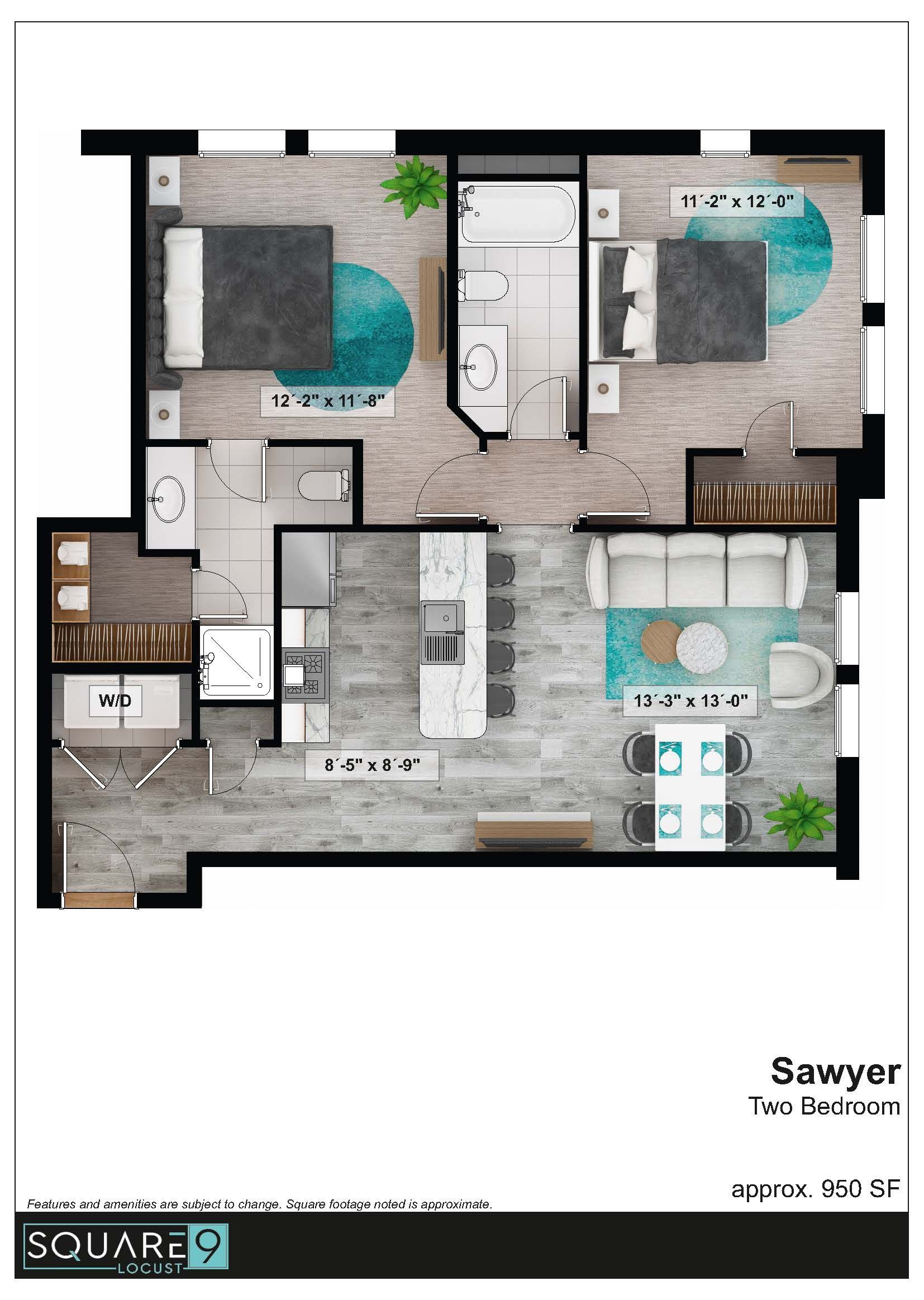 Floor plan of Sawyer two-bedroom apartment. Includes bedrooms, bathroom, kitchen, living room, and storage.