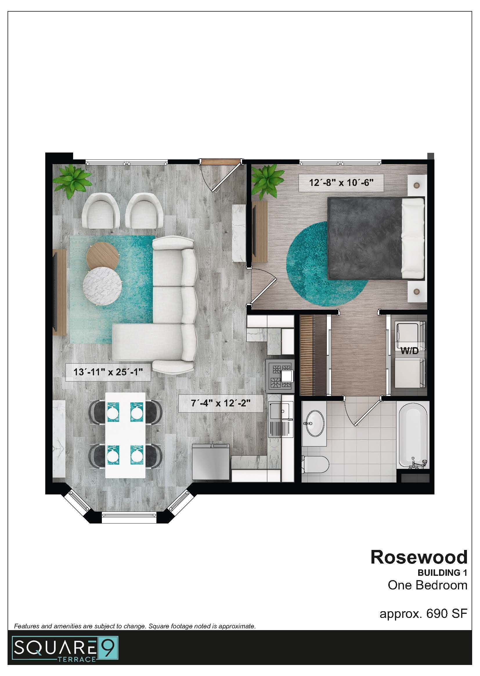 Floor plan of a Rosewood apartment, showing living, dining, and bedroom areas.