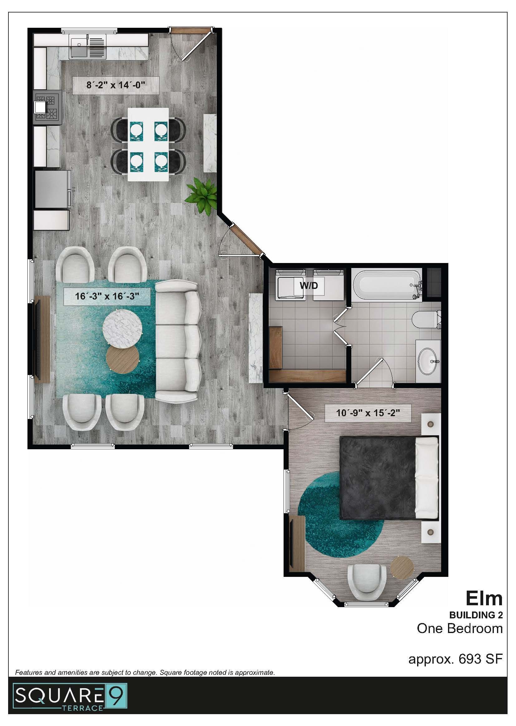 Floor plan: Apartment layout with living, dining, kitchen, bathroom, and bedroom. Furnished with furniture in light tones.
