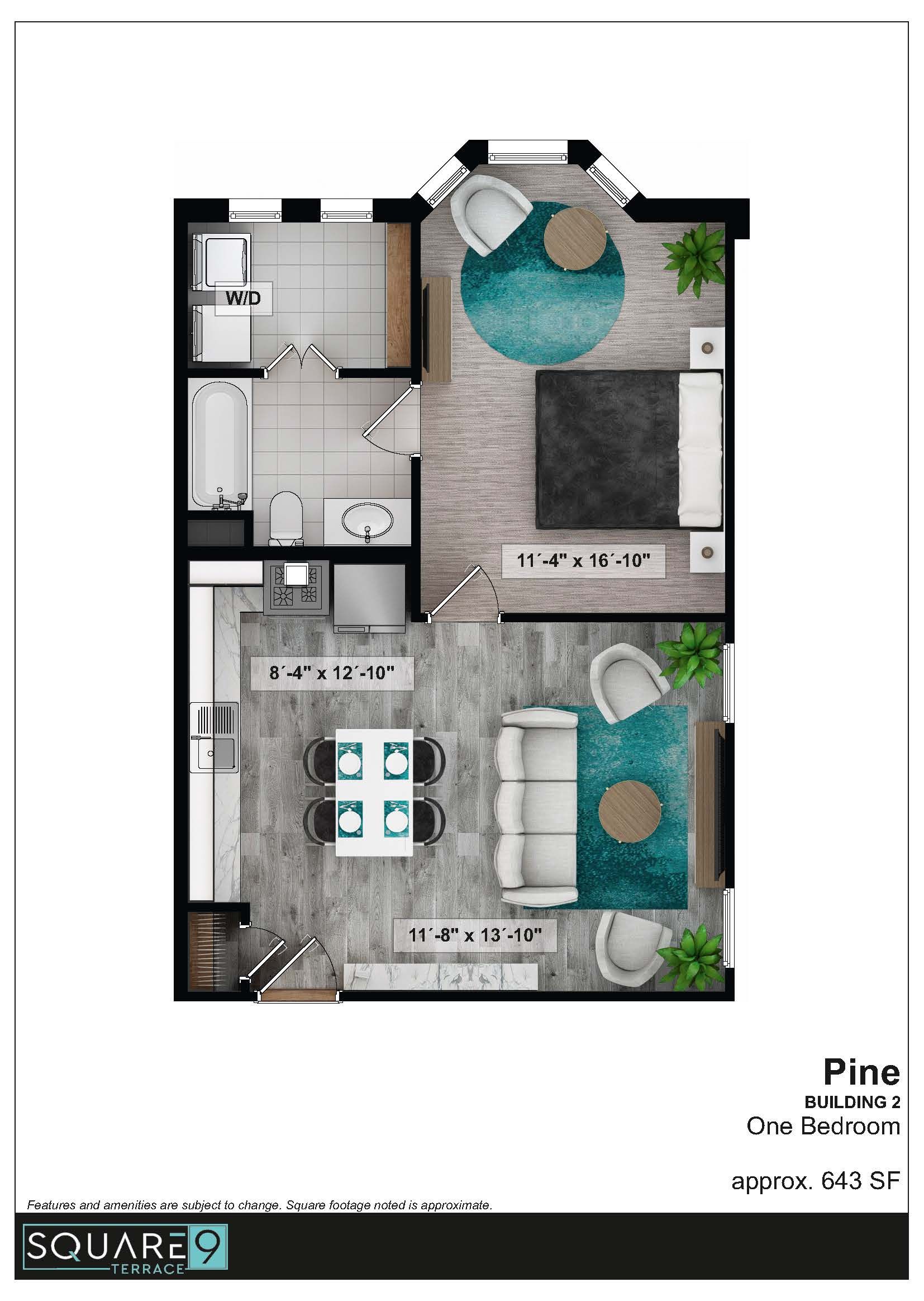 Floor plan: Apartment with kitchen, living area, bedroom, and bathroom. Furnished with furniture in light tones.