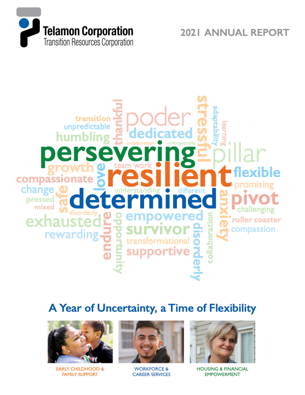 2021 annual report cover with colorful word cloud and small employee photos at the bottom
