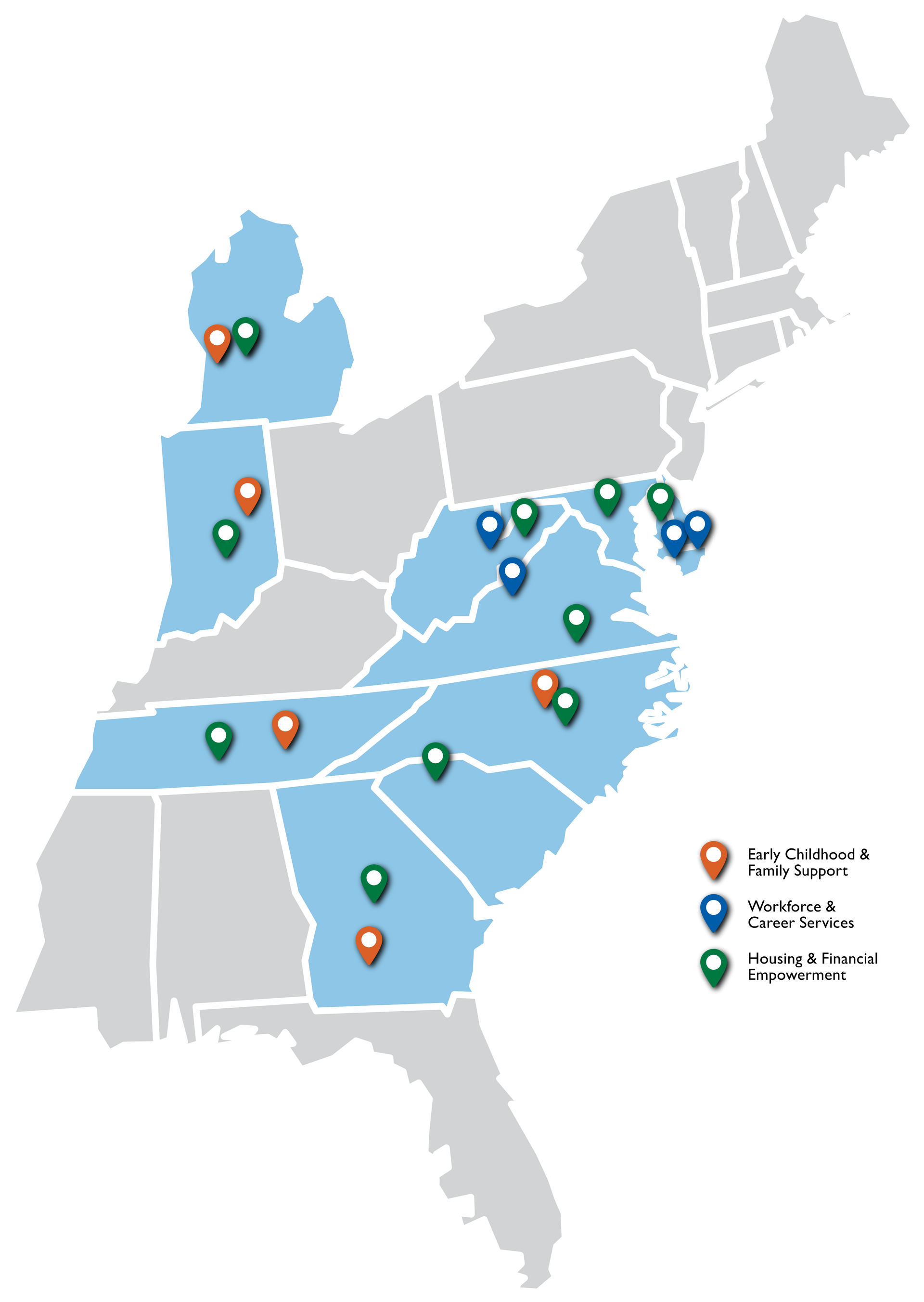 Map of the southeastern U.S. with colored location pins marking multiple sites across several states