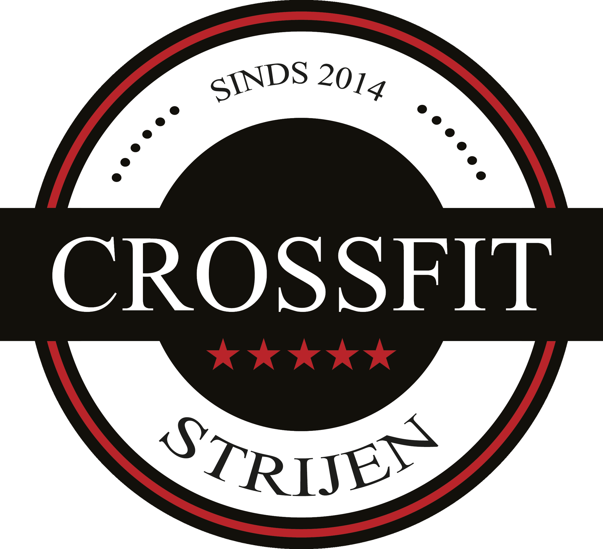 Het zwart-rode CrossFit Strijen-logo, opgericht in 2014, met sterren.