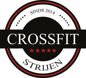 Het zwart-rode CrossFit Strijen-logo, opgericht in 2014, met sterren.