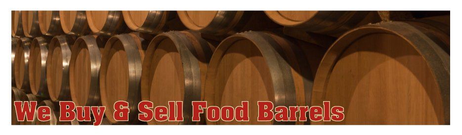 A row of wooden barrels with the words we buy & sell food barrels