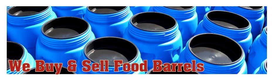 A bunch of blue plastic barrels with the words we buy & sell food barrels