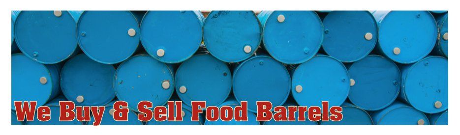 A bunch of blue barrels with the words we buy & sell food barrels