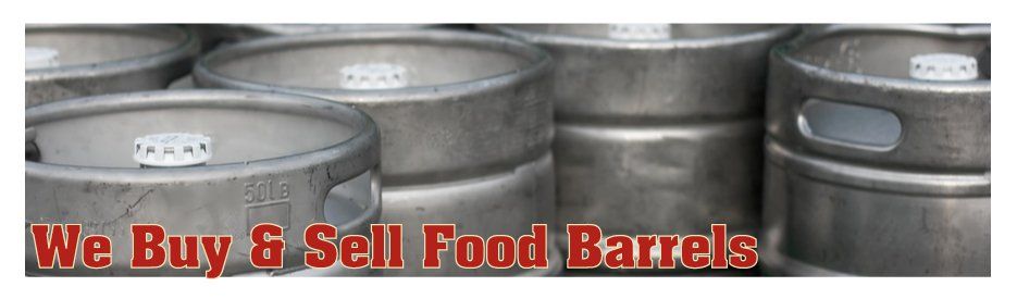 A bunch of metal barrels with the words we buy & sell food barrels