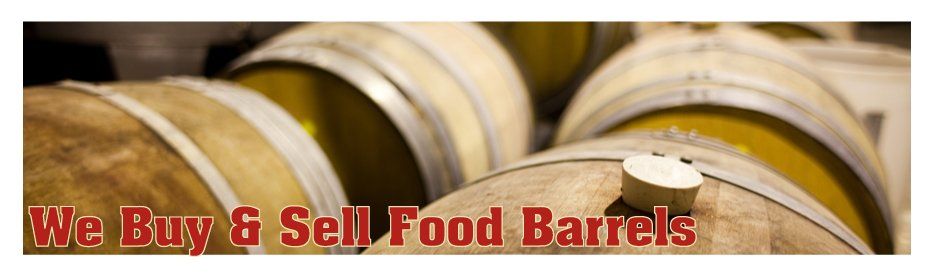A bunch of wooden barrels with the words we buy & sell food barrels