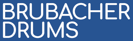 A blue background with white text that says brubacher drums