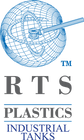 The logo for rts plastics industrial tanks is a blue globe with a needle sticking out of it.