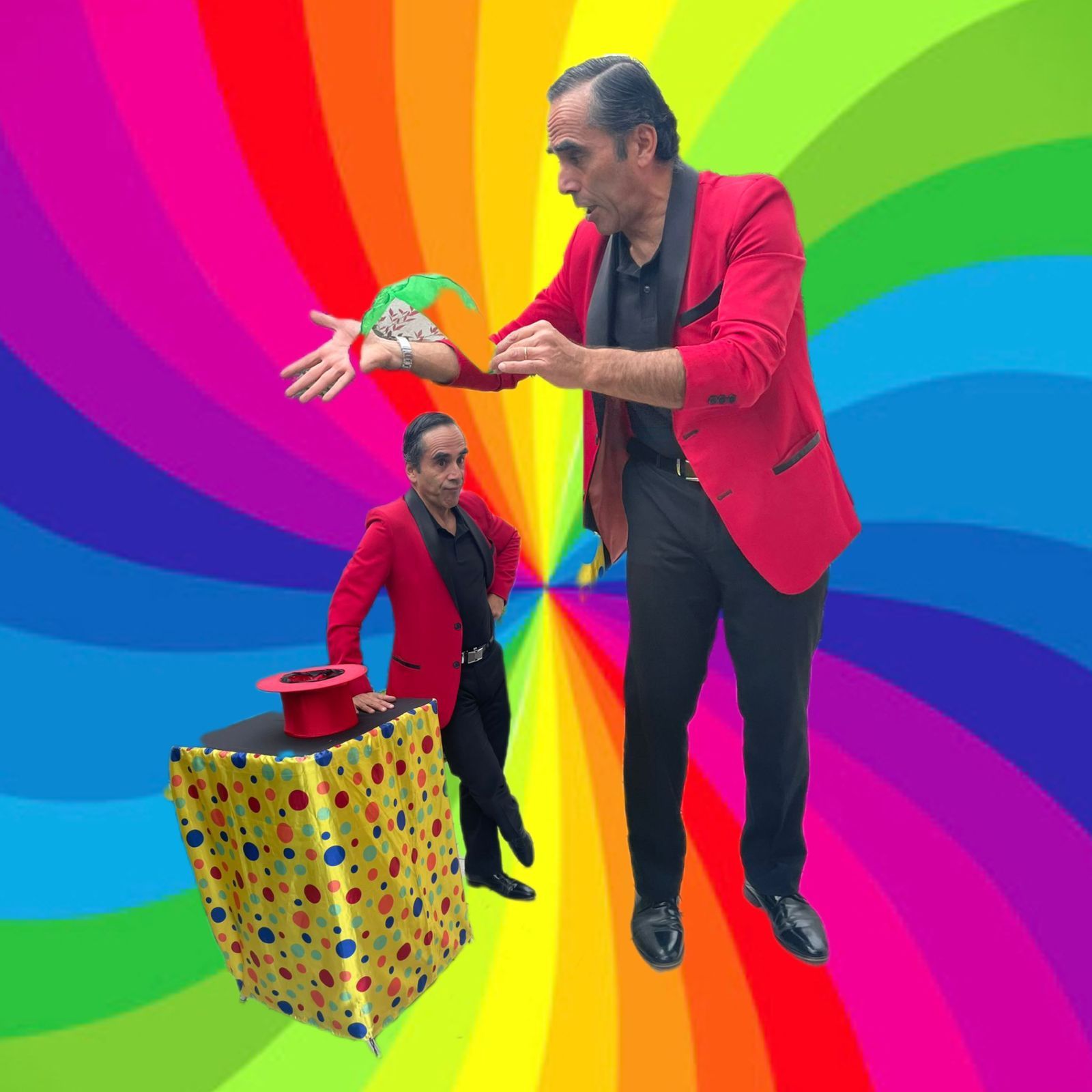 Mago actuando para niños, traje rojo, fondo colorido, accesorios mágicos, texto 