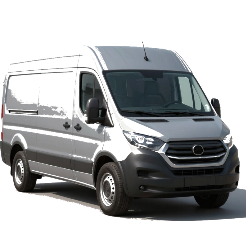 Gray cargo van on a white background, angled front view.