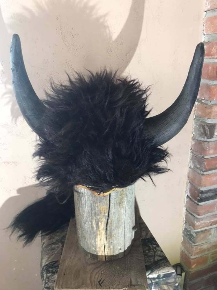 A black helmet with horns is sitting on a wooden stump.