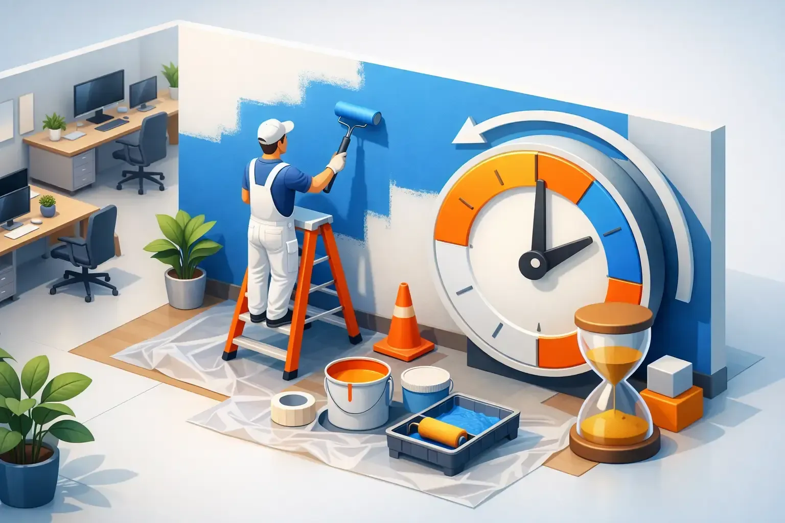 Two workers painting a wall beside a large clock, suggesting home renovation and time management