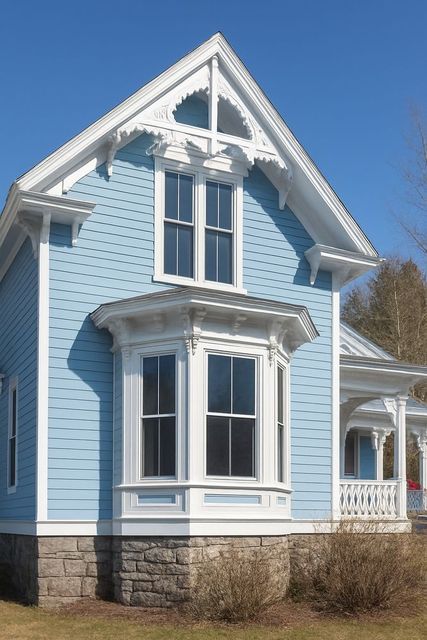 Light blue Victorian house with white trim and a bay window on a stone foundation