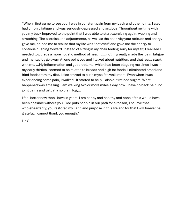 A testimonial letter expressing gratitude for health improvements after treatment, written by a patient named L.G.