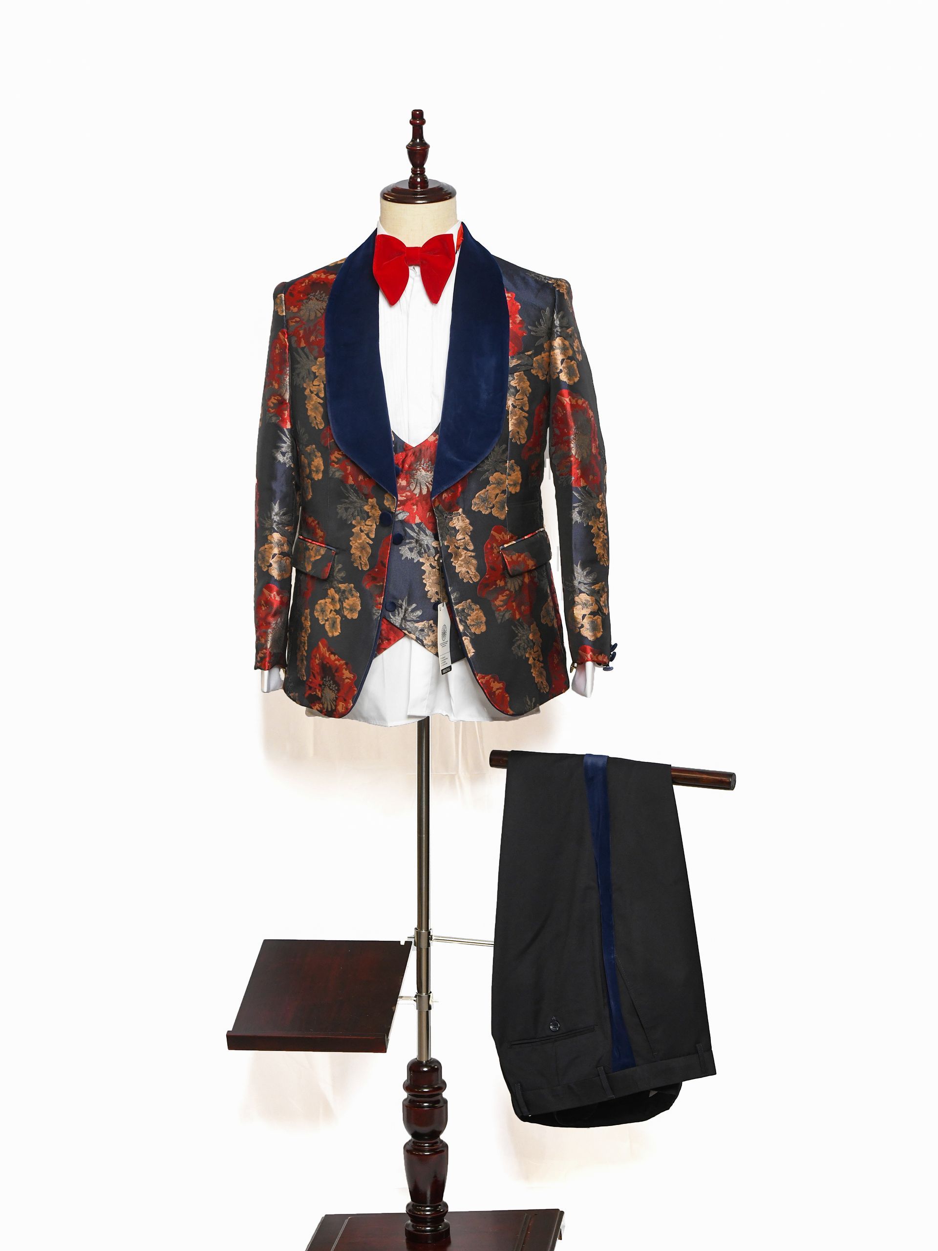 Jacquard three-piece set, round collar with corduroy, dark blue pants. Pants with blue stripe in the middle