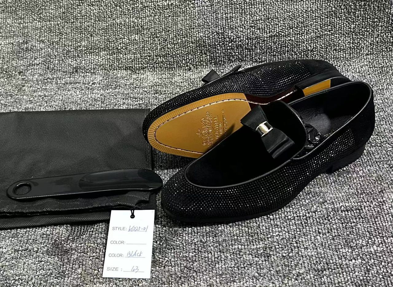 Original Milano Black Velvet Loafer With Stones And Bow Tie Detail On Instep