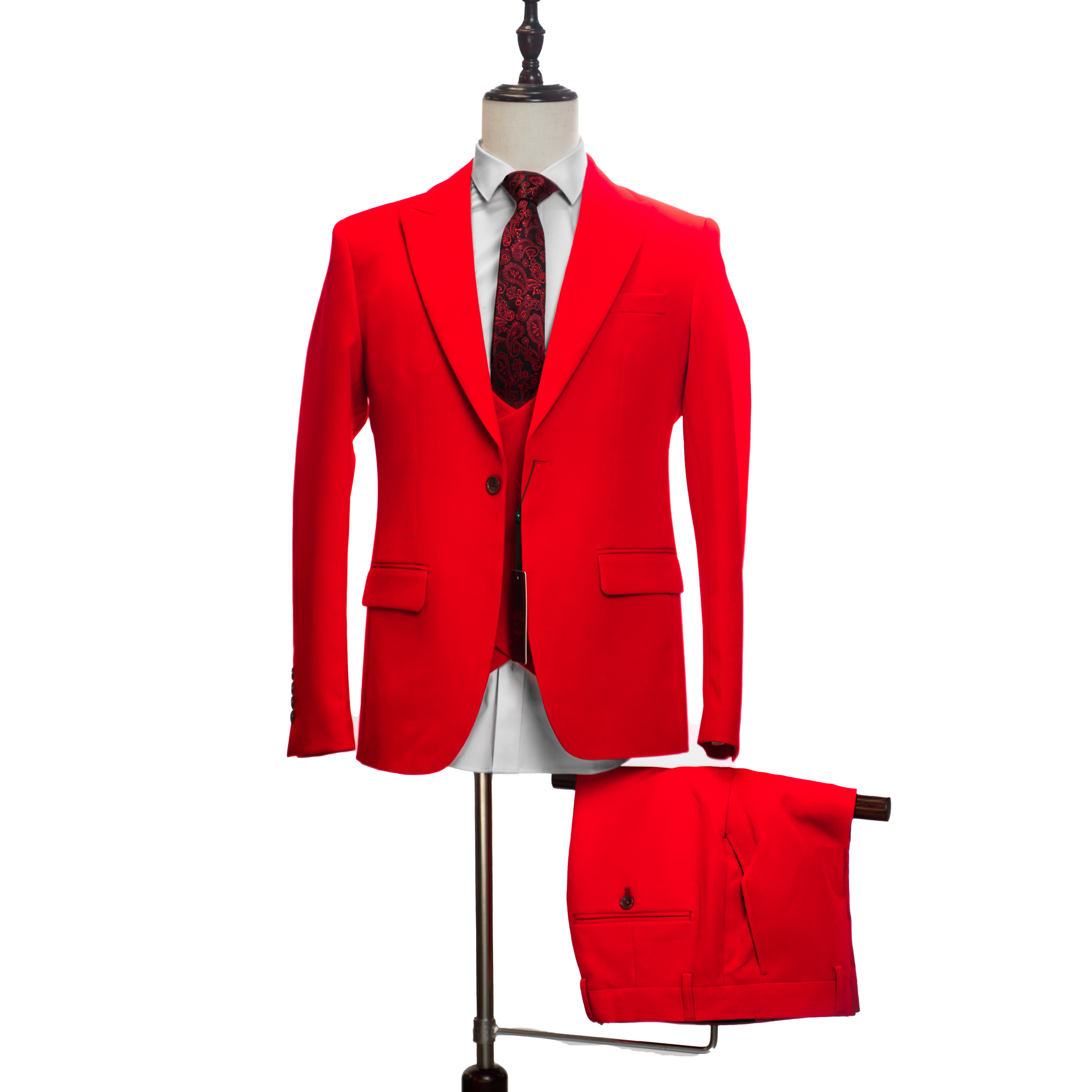 Orange-red three-piece suit, jacket with one button, center fork
