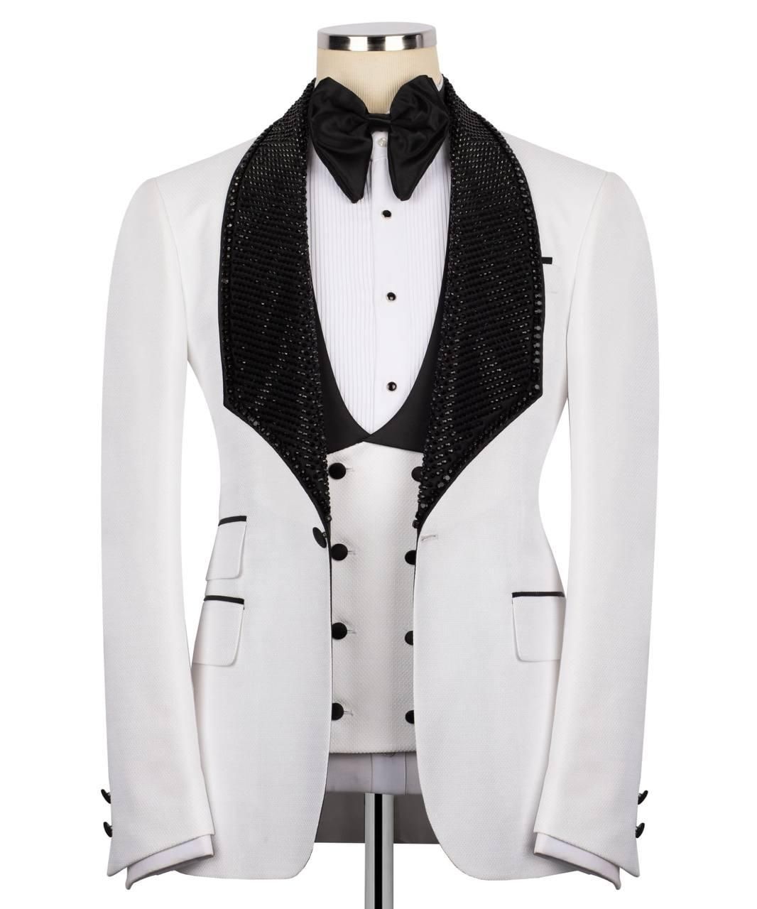 ORIGINAL MILANO –3Pcs White & Black Crystal Shawl Tuxedo Jacket