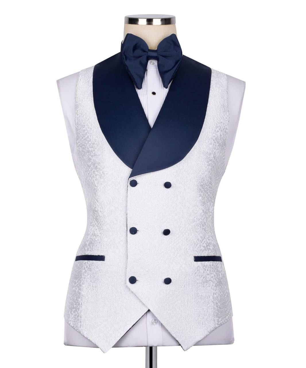ORIGINAL MILANO –3Pcs Ivory Jacquard Tuxedo with Navy Shawl Lapel