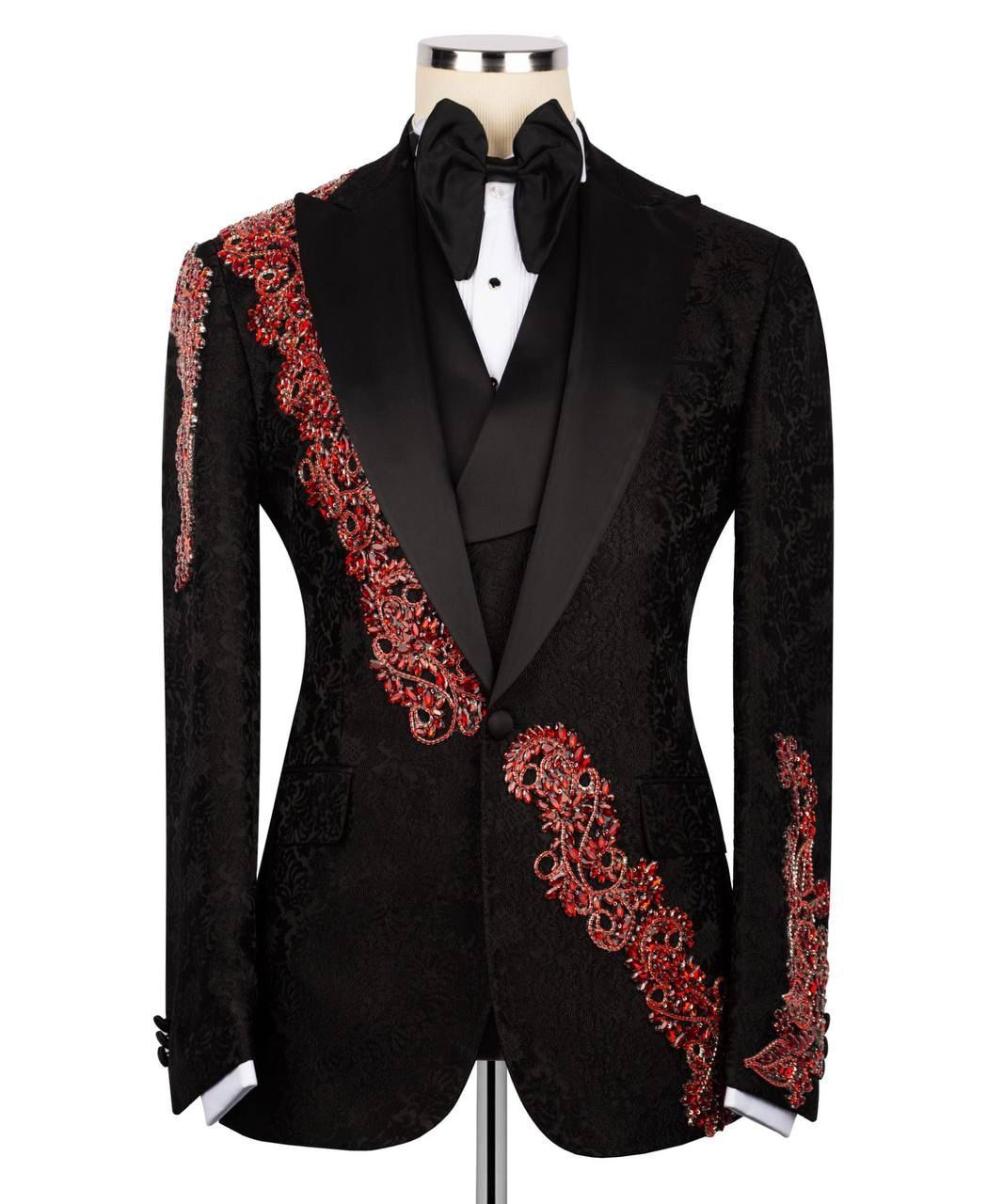 ORIGINAL MILANO –3Pcs Black & Red Embroidered Italian Tuxedo