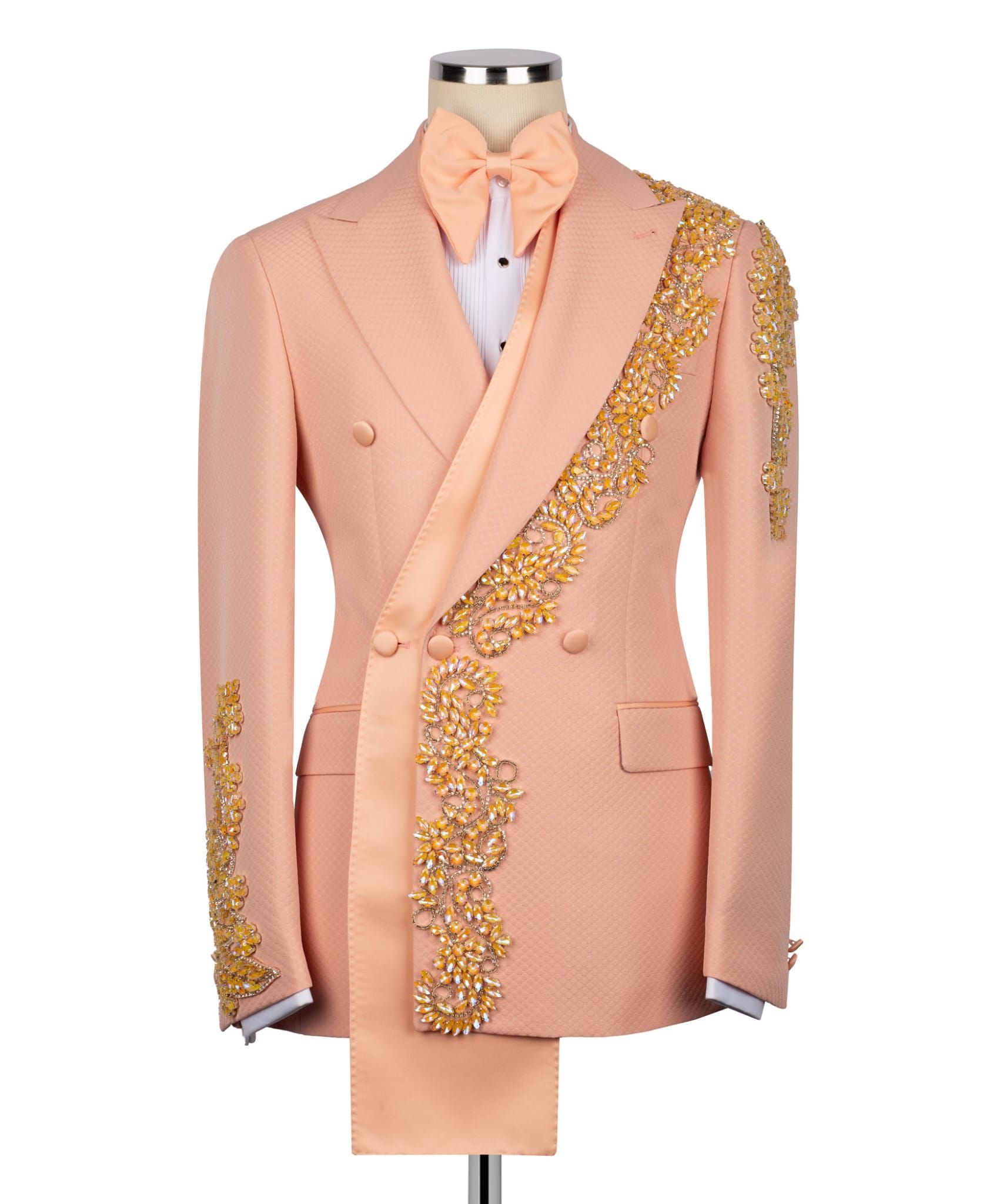 ORIGINAL MILANO – Peach Crystal Embellished Double-Breasted Tuxedo