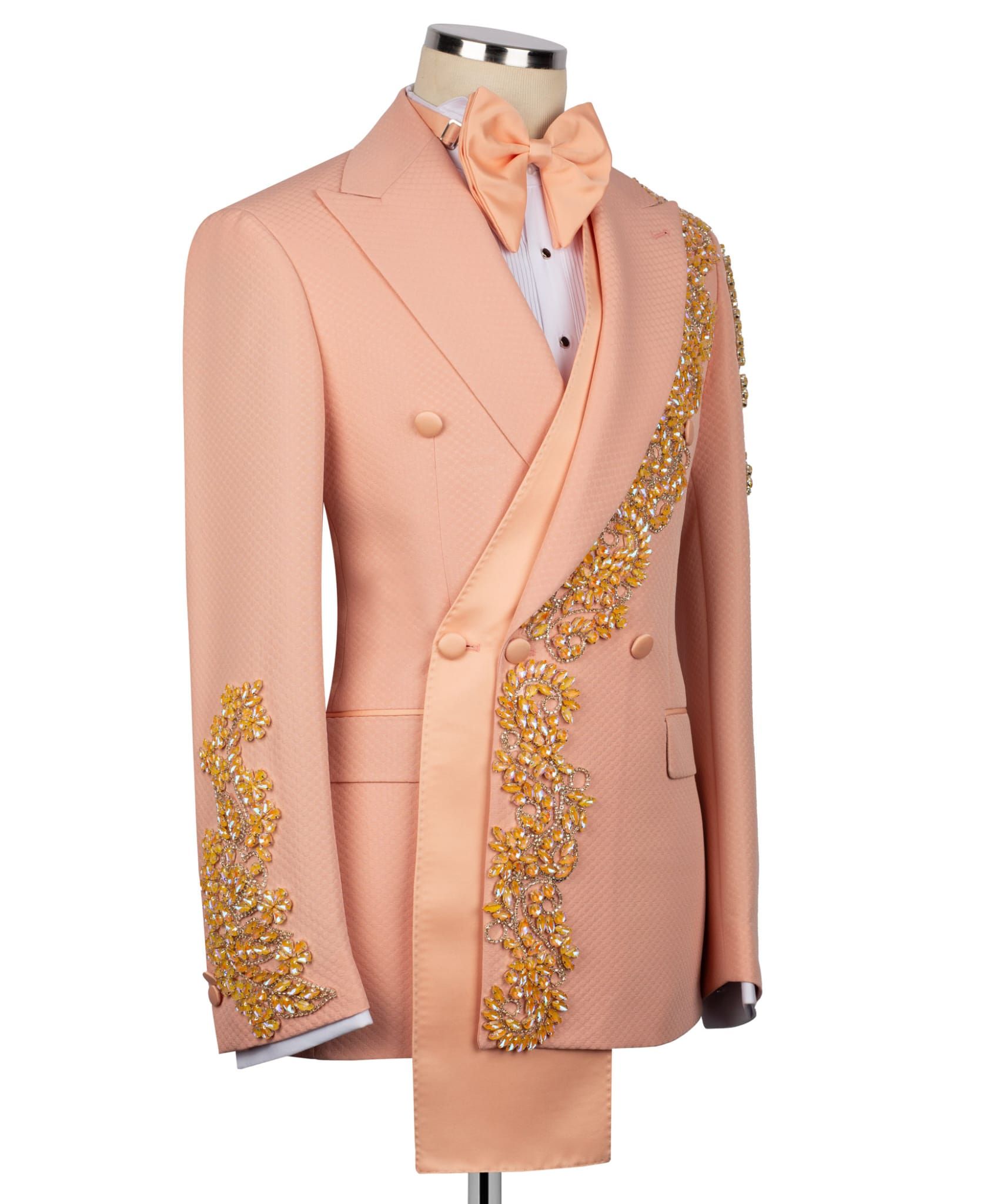 ORIGINAL MILANO – Peach Crystal Embellished Double-Breasted Tuxedo