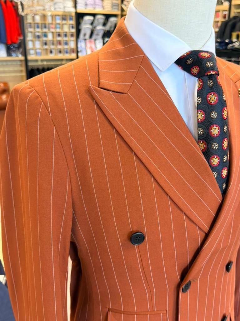 ORIGINAL MILANO – Burnt Orange Pinstripe Double-Breasted Suit