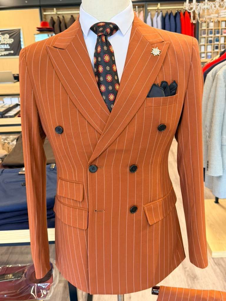 ORIGINAL MILANO – Burnt Orange Pinstripe Double-Breasted Suit