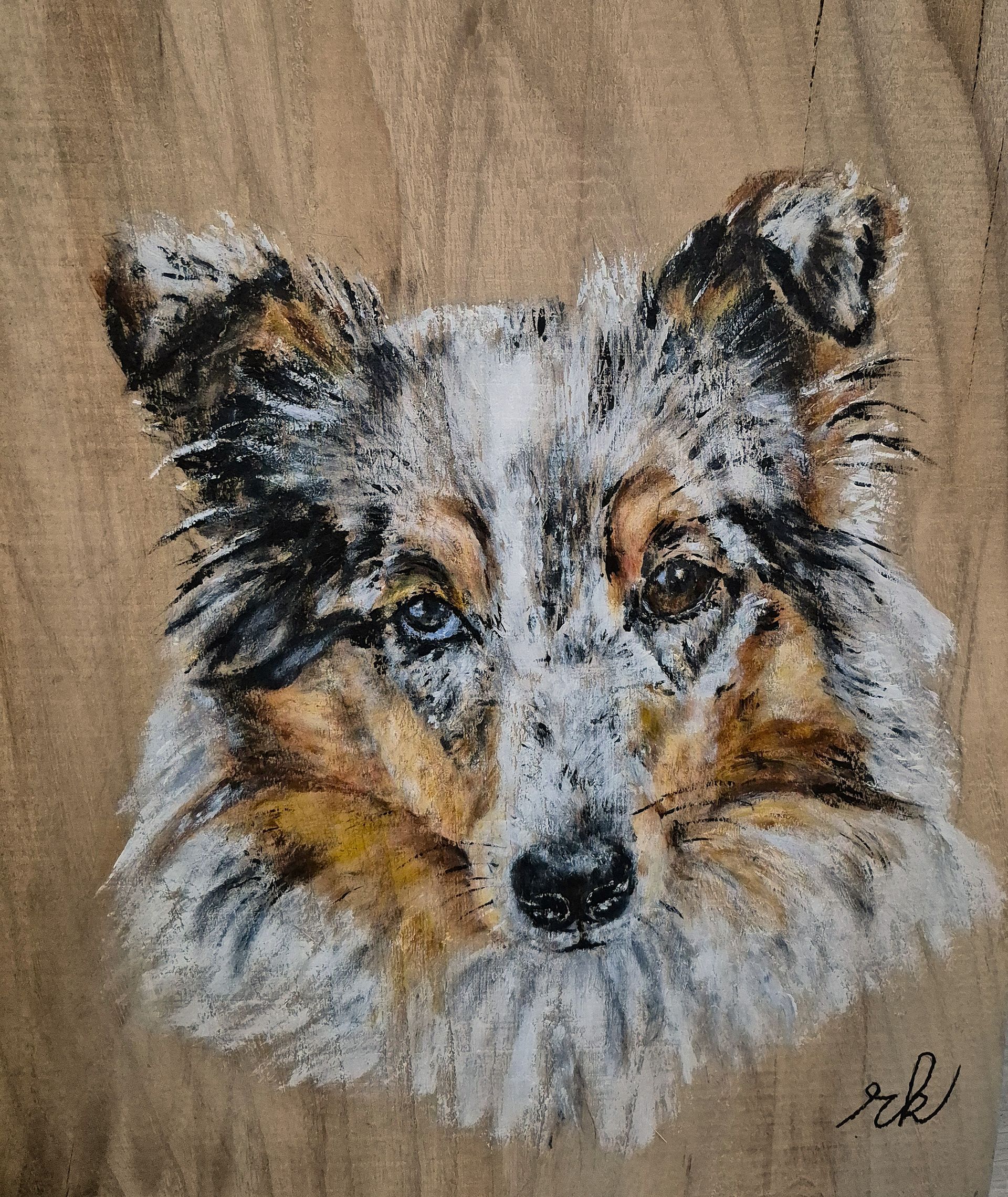 Geschilderde hond op natuurlijk Hoeksche Waards hout.