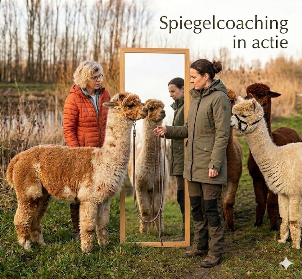Spiegelcoachingsessie met alpaca in een rustige landelijke omgeving.