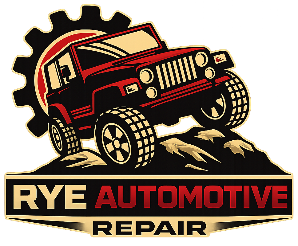 Logo of Rye Automotive Repair with a red Jeep on rocks, and a gear shape in the background.
