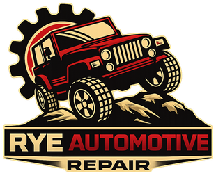 A red off-road vehicle driving over rocks in front of a gear logo, with the text "Rye Automotive Repair" underneath.