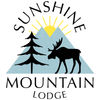 Sunshine Mountain Lodge logo with mountains, sun, pine tree, and moose silhouette