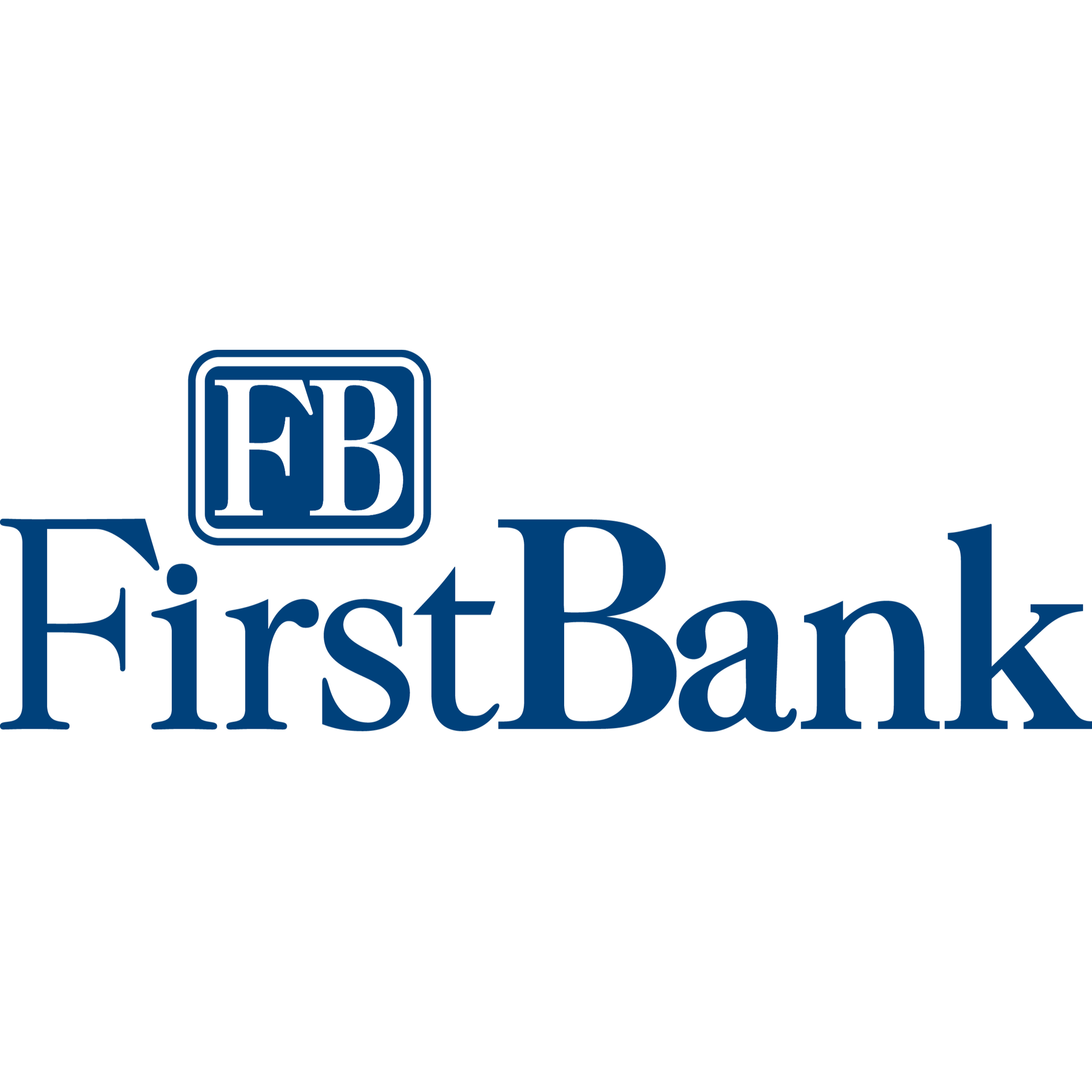 FirstBank logo with blue “FB” icon and blue text on a white background