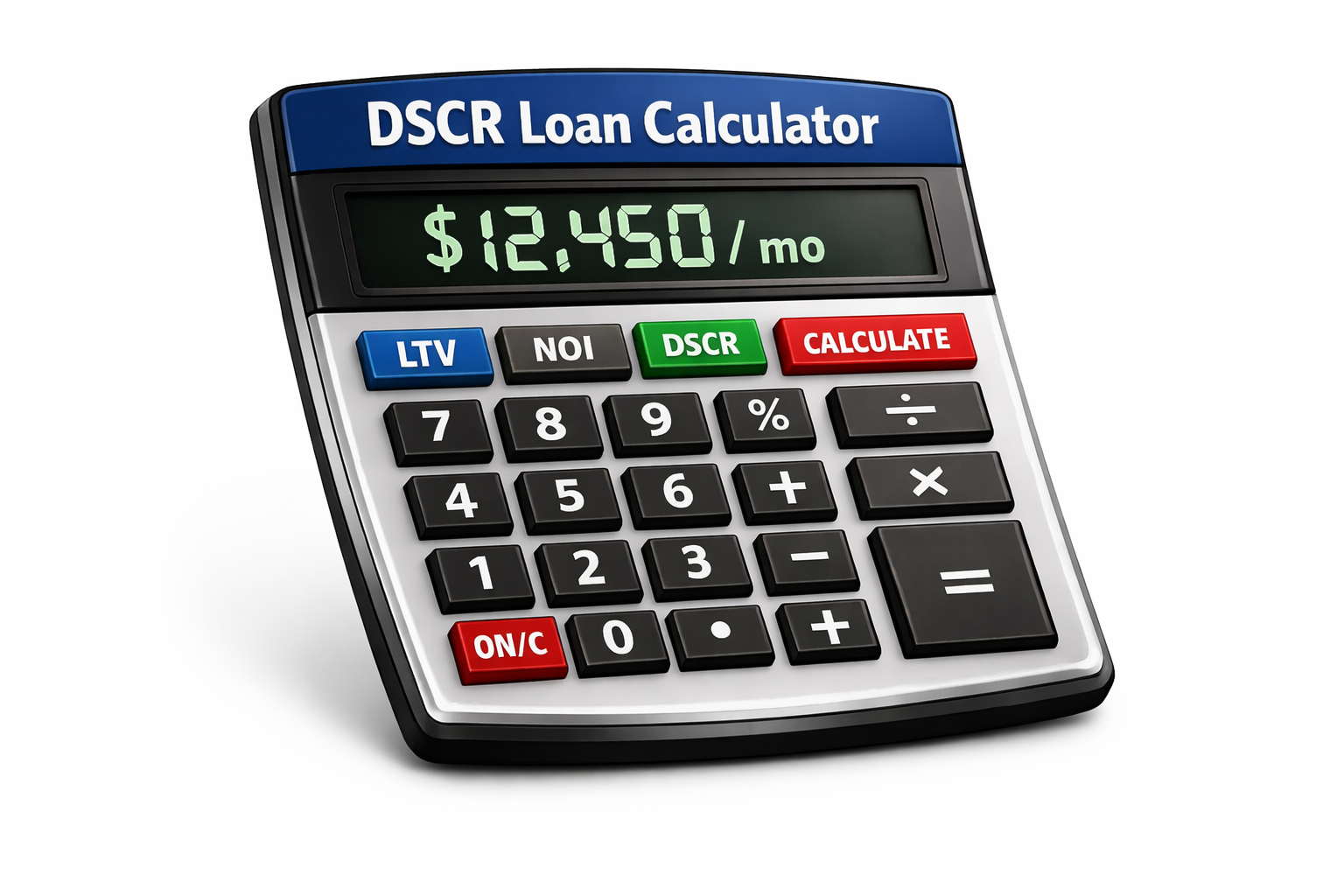 DSCR loan calculator displaying $12,450/mo with labeled buttons and red calculate key