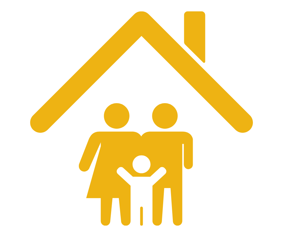 Yellow house with a chimney and a family icon inside